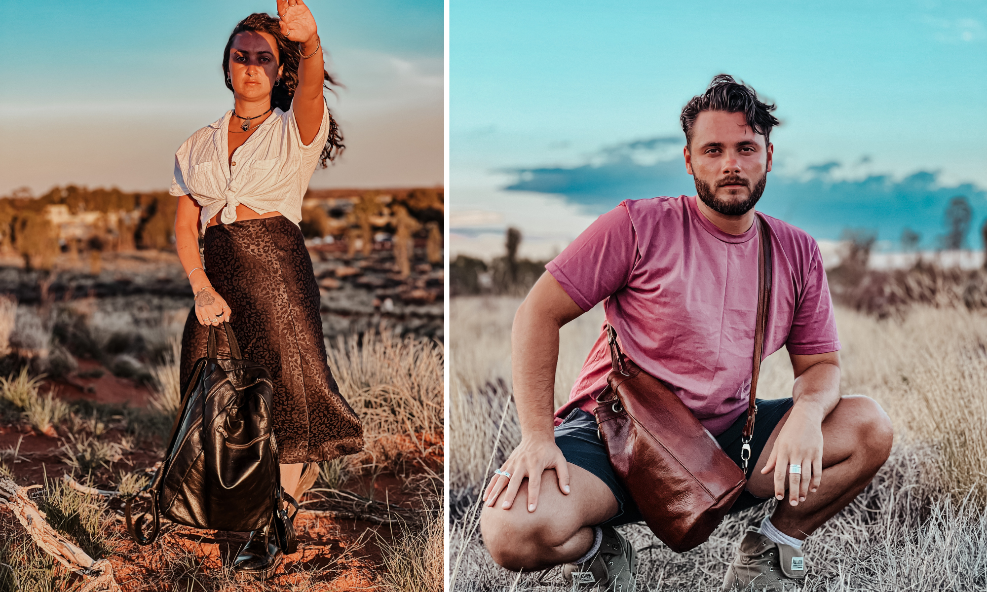 couple traveling Uluru wearing leather bags