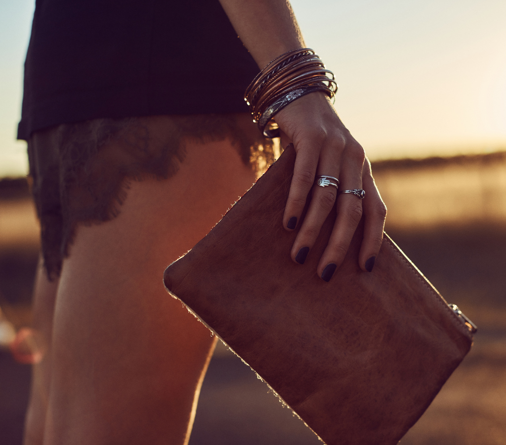 girl with leather wallet