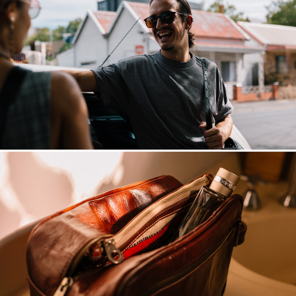 Nate and the Nate travel bag ethically handmade in Morocco using vegetable tanned leather