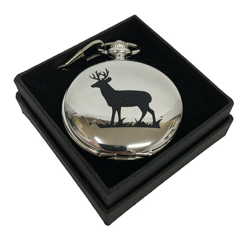 engraved pocket watch with stag motif, gift for stag men