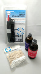 image of wand demagnetizer with 2 cleaning bottles and swabs