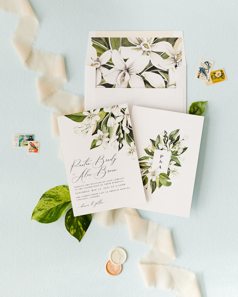 White Flowers and Green Leaf Wedding Invitation suite with RSVP