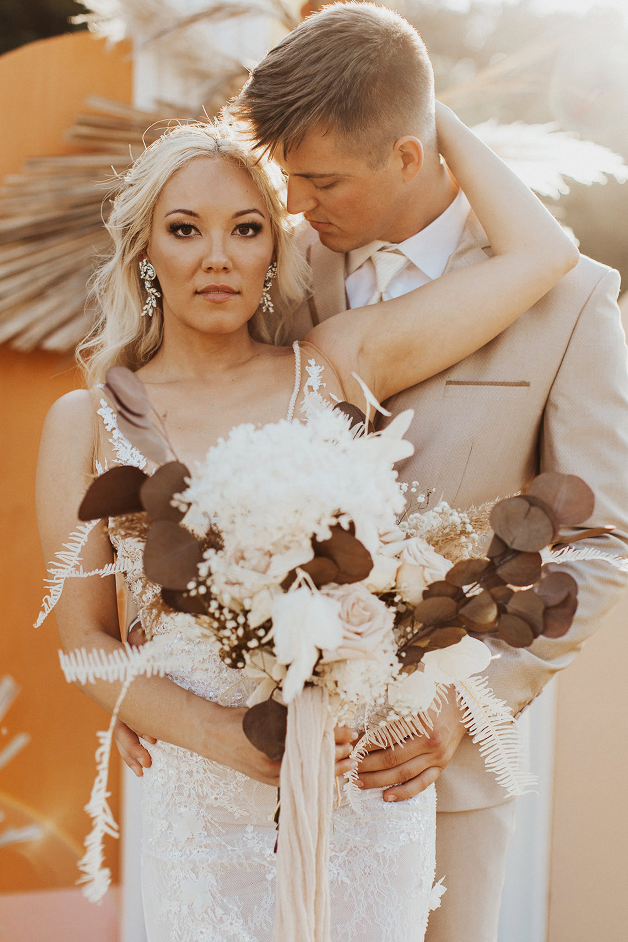 Boho Wedding with Orchids and Dried Palm Leaves Arch Back Drop White Rock Canyon Destination Florida