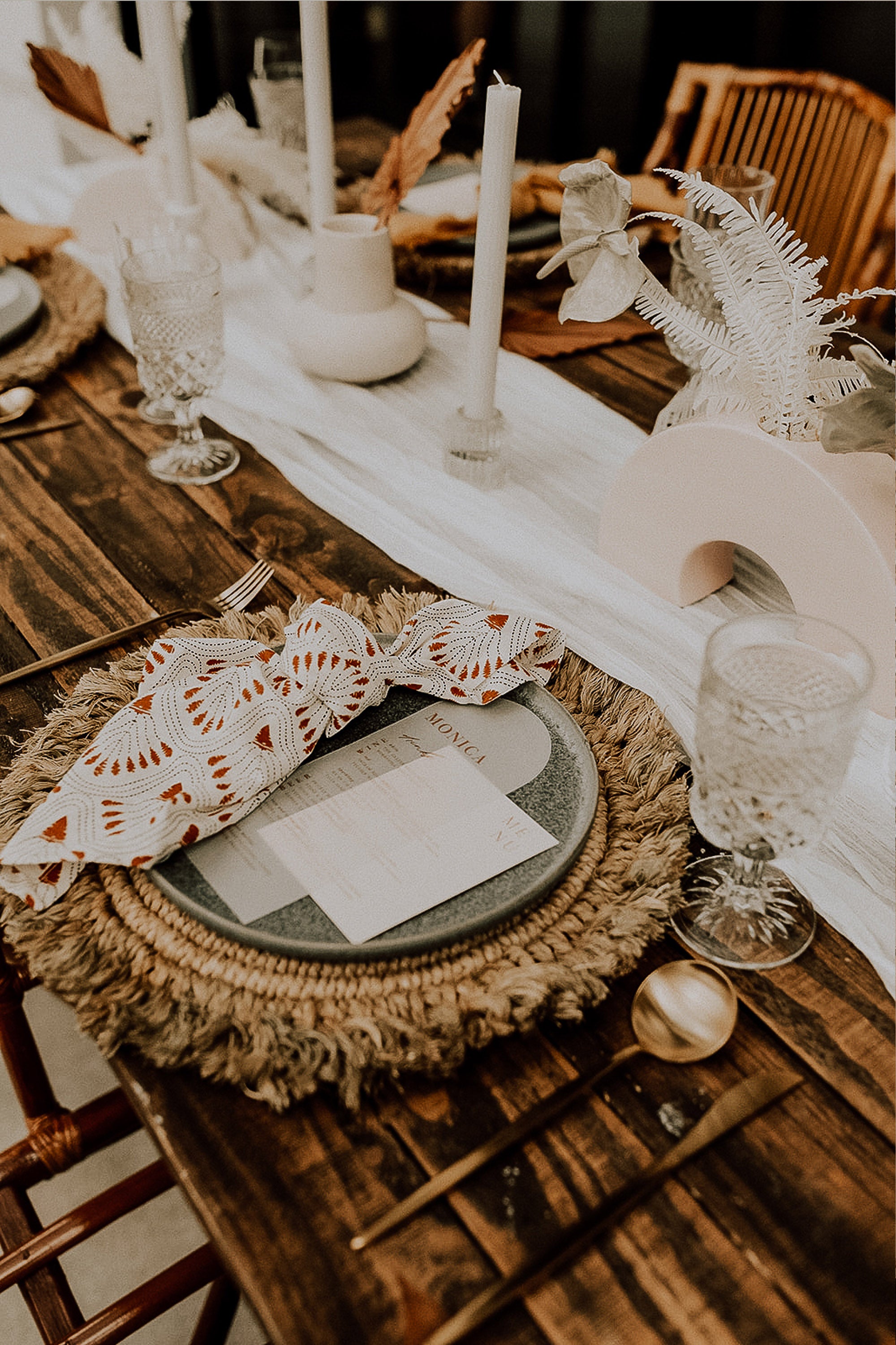 Boho Wedding with Orchids and Dried Palm Leaves Table Decor White Rock Canyon Florida