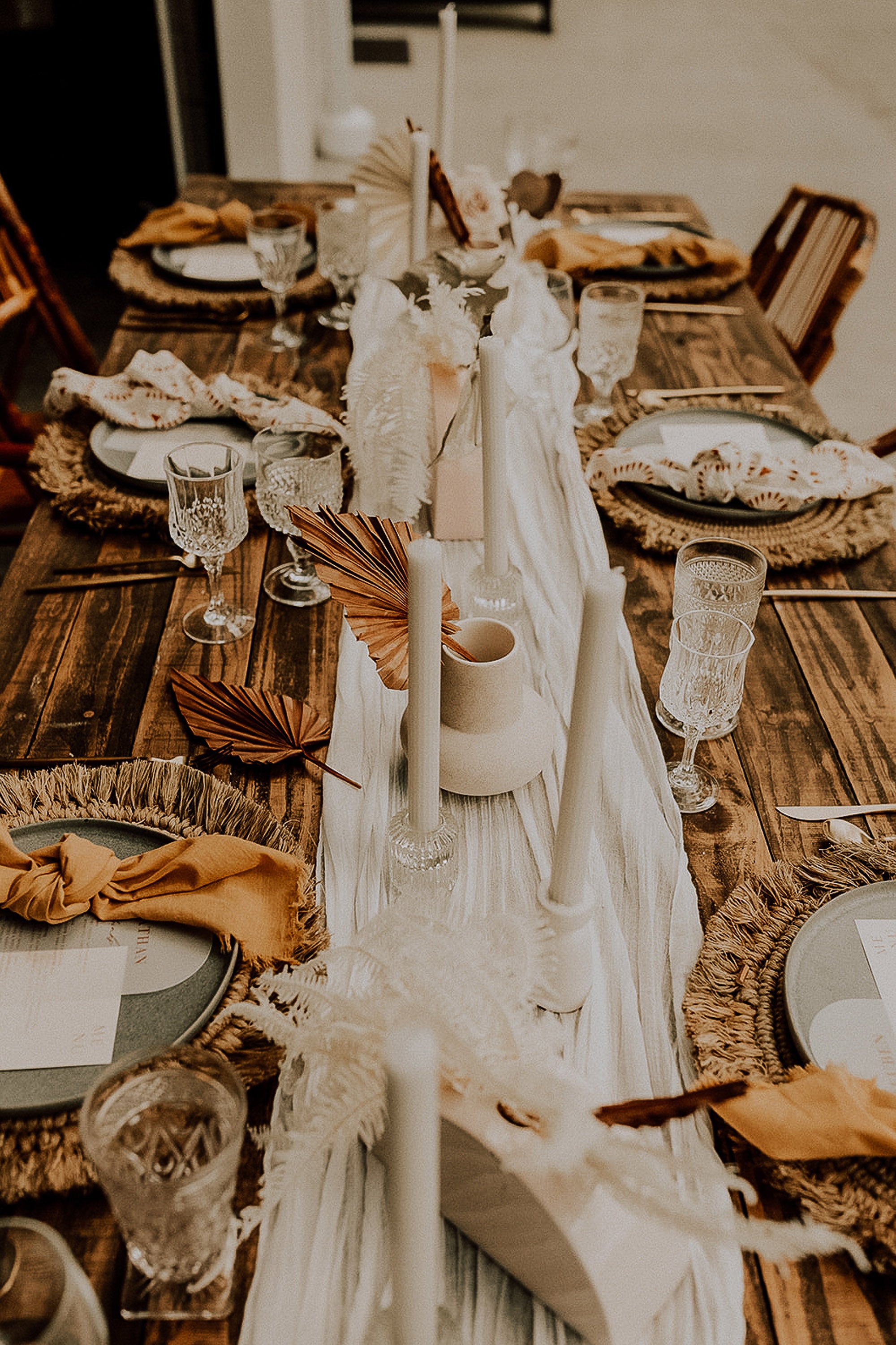 Boho Wedding with Orchids and Dried Palm Leaves Table Decor White Rock Canyon Florida