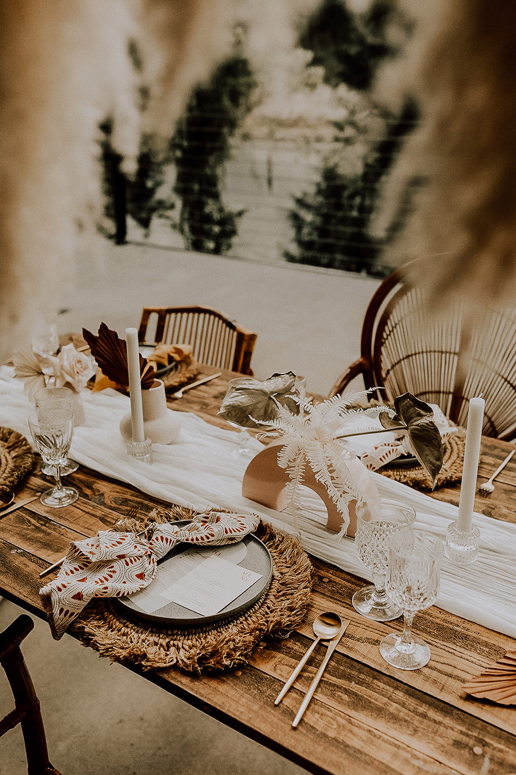 Boho Wedding with Orchids and Dried Palm Leaves Table Decor White Rock Canyon Florida