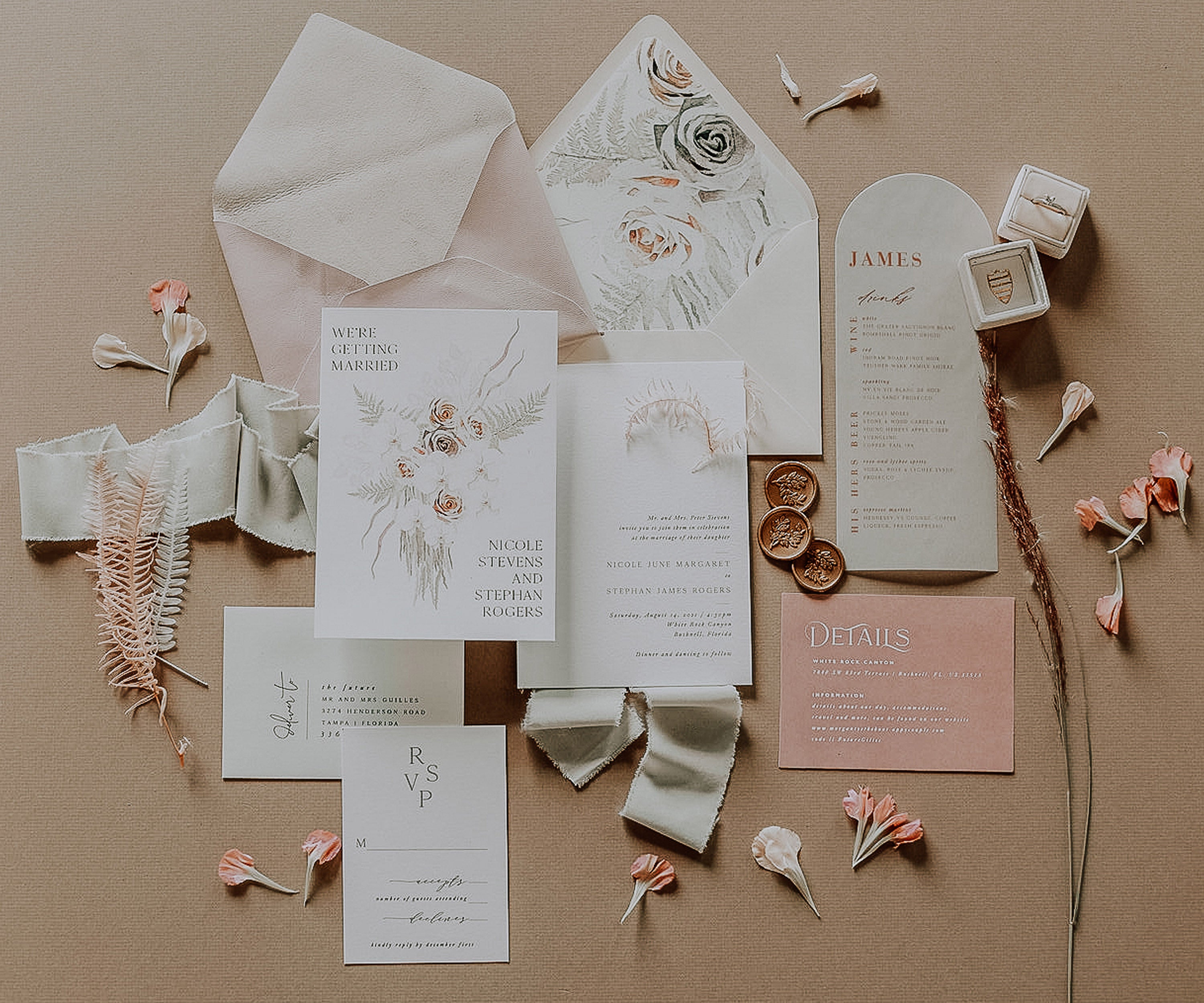 Boho Wedding Invitation Suite with Orchids and Dried Palm Leaves and Gold Foil Printing