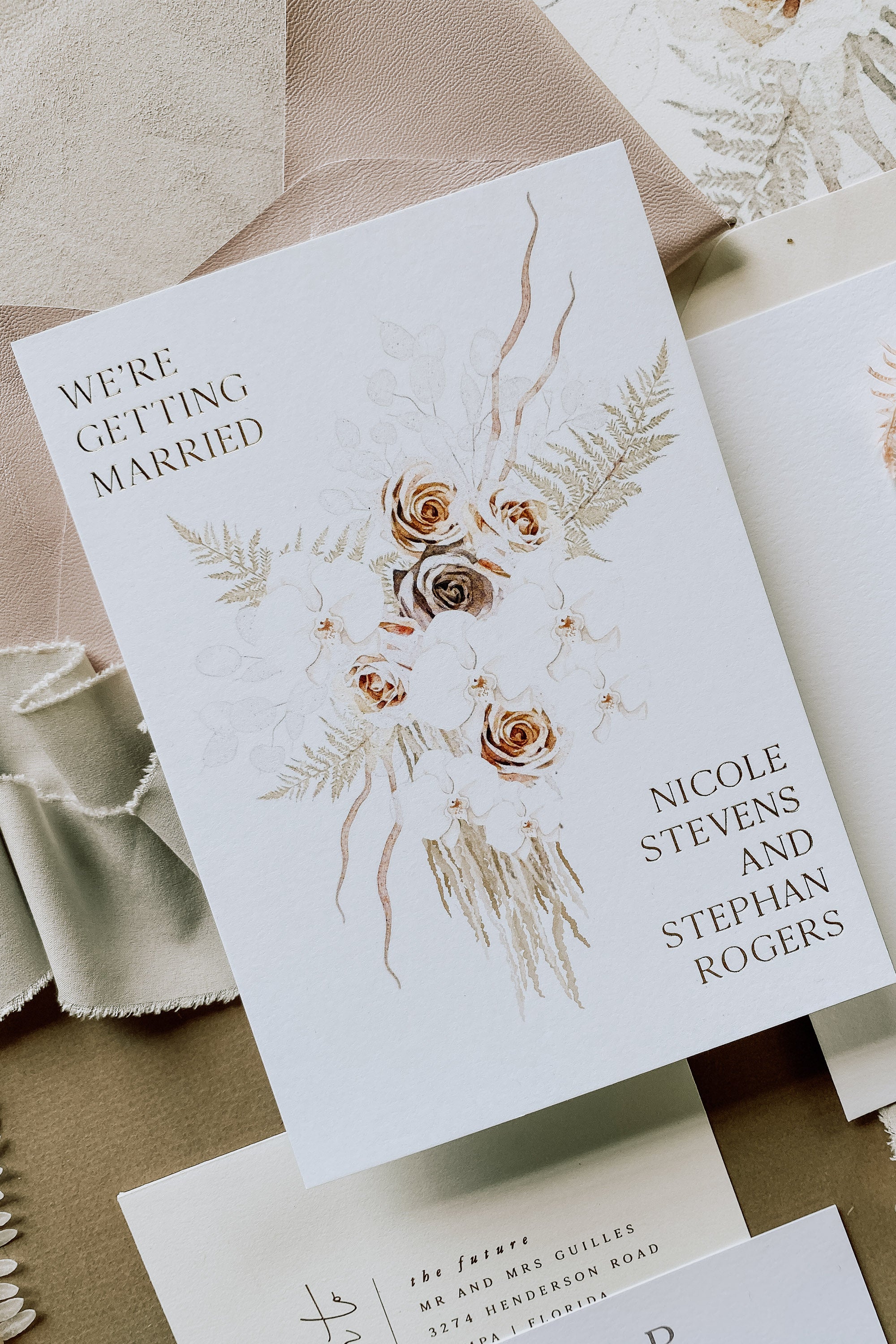 Boho Wedding Invitation Suite with Orchids and Dried Palm Leaves and Gold Foil Printing