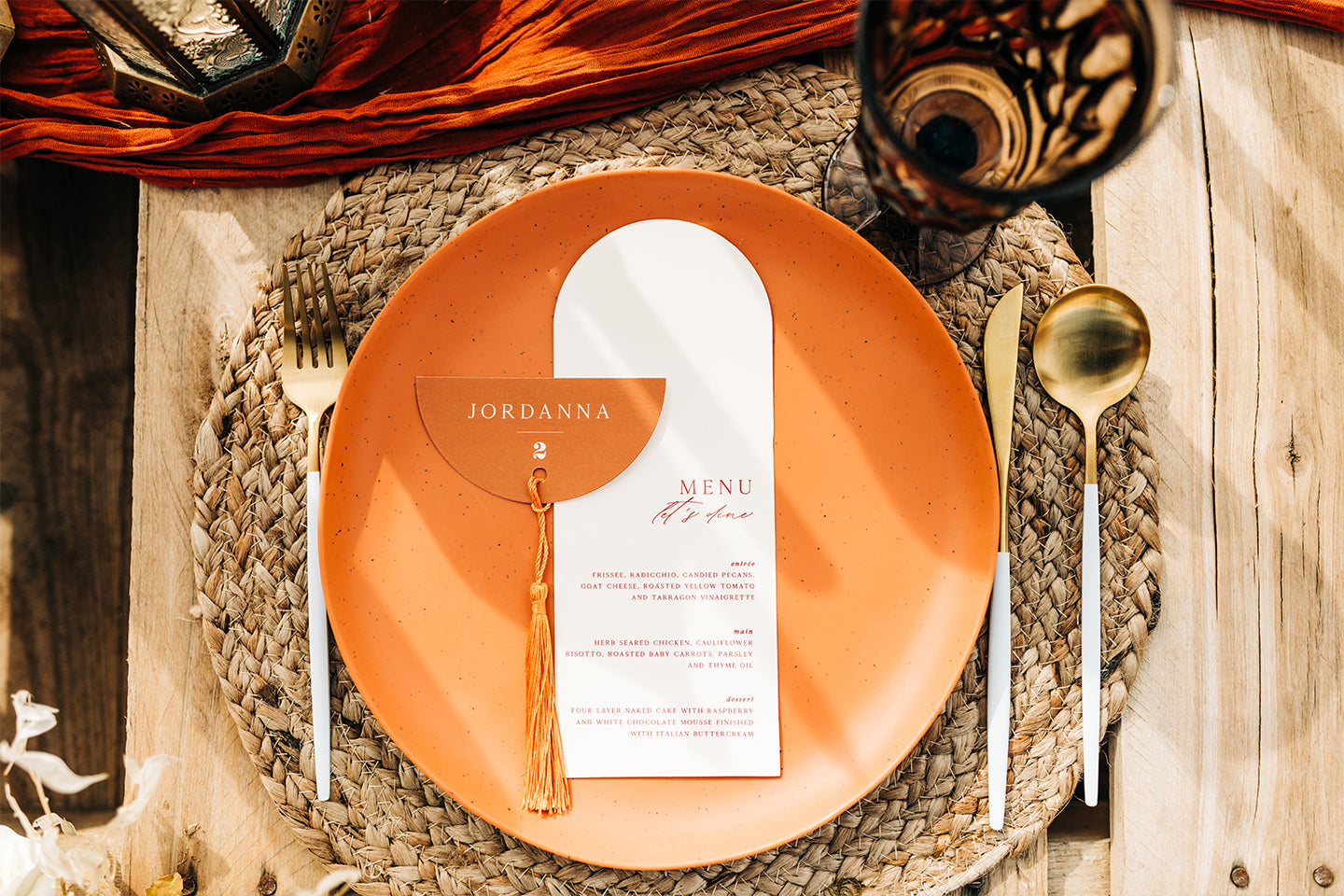 Arch Menu and Half Circle Place Card - Modern Minimal Desert Style in Orange and Terracotta colors