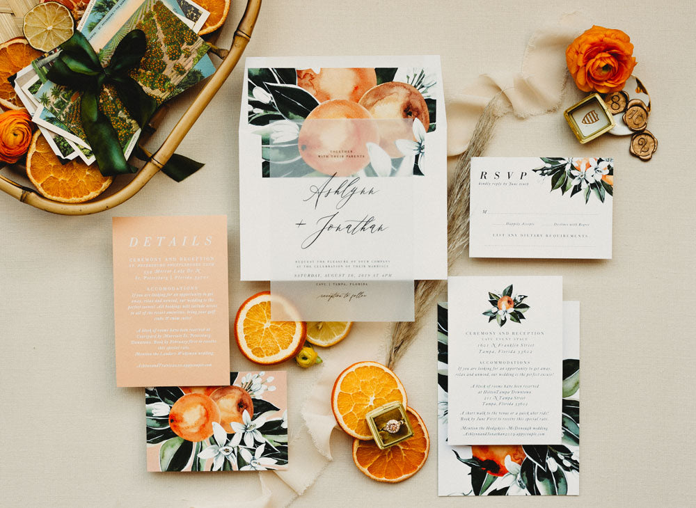 Citrus Oranges Wedding Inspiration Vintage Old Florida invitation suite