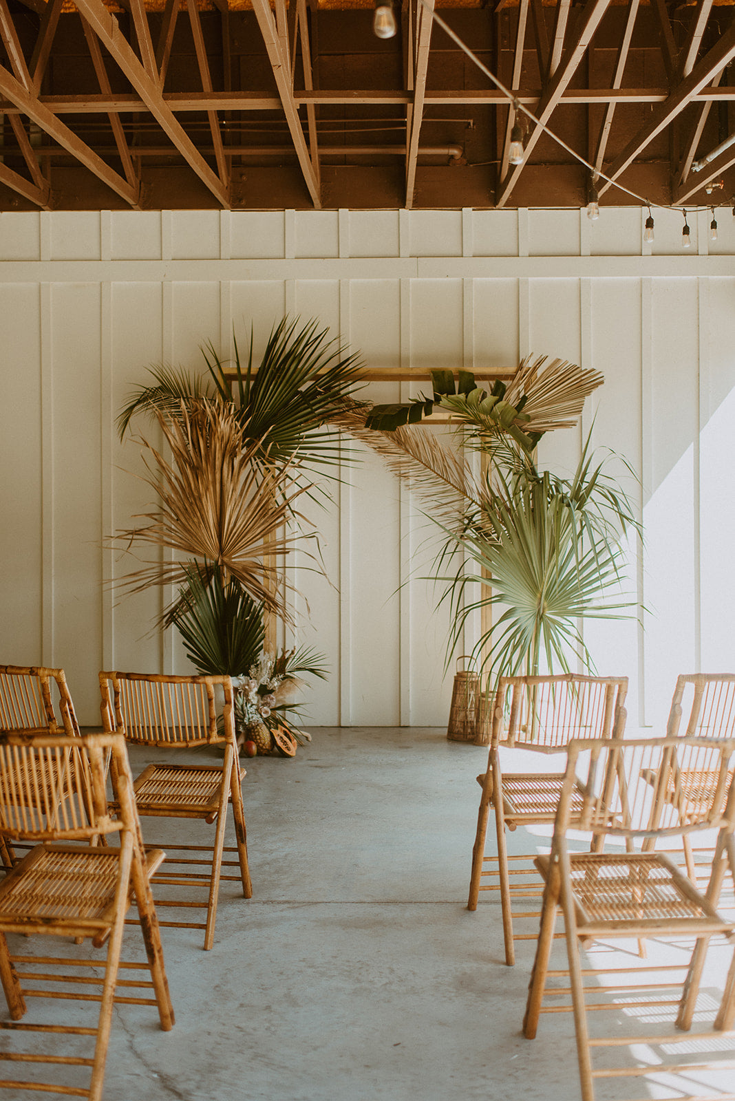 Neutral Tropical Boho Head Wedding Ceremony Arch Dried Palm Leaves and Pampas Grass