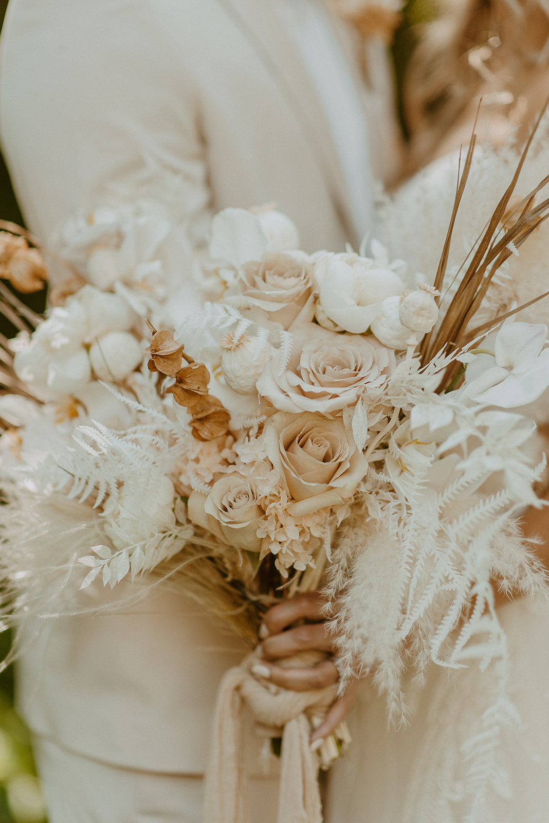 Neutral, White, Cream, Dried Flower, Dried Palm Leaves and Pampas Grass Wedding bouquet