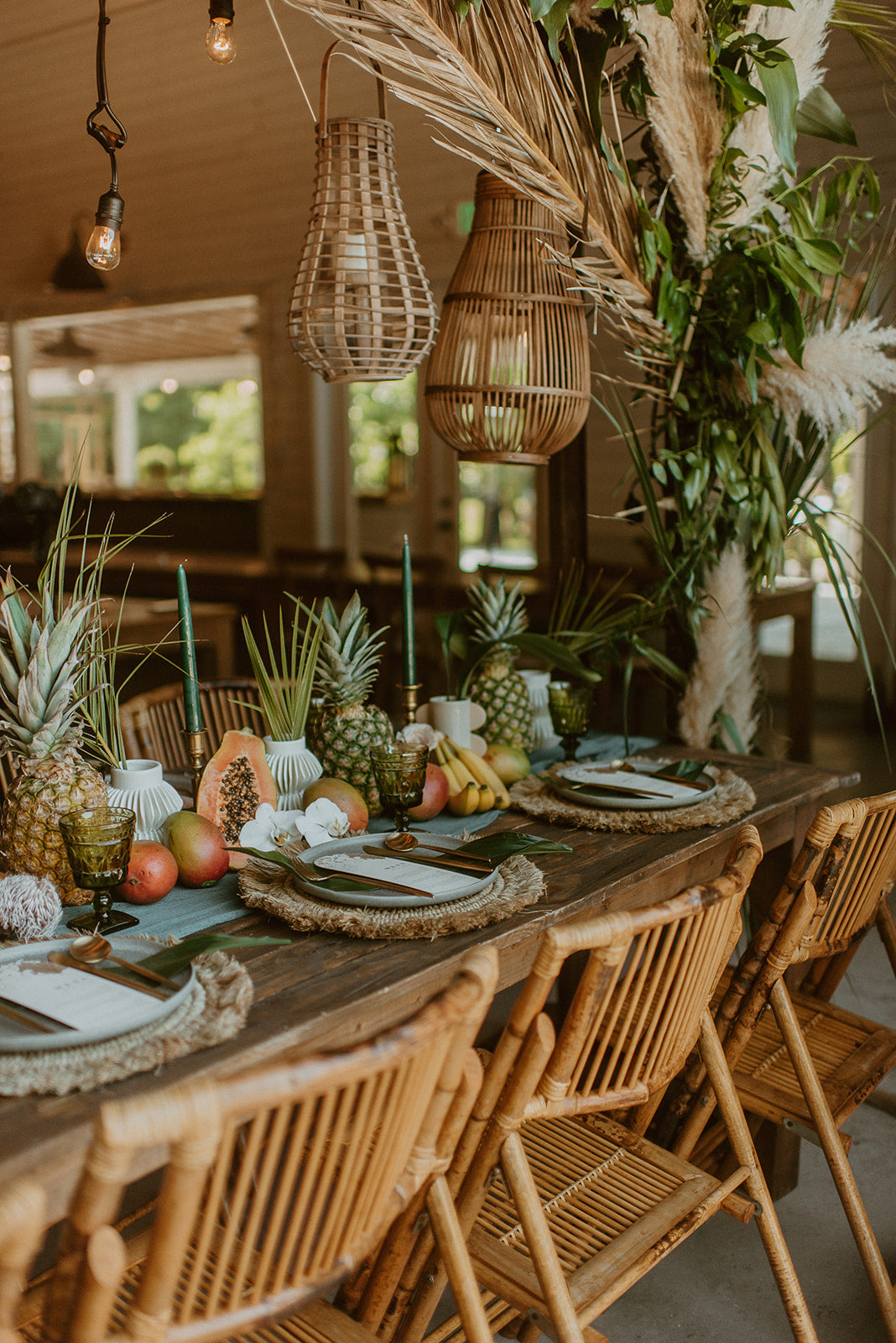 Neutral Tropical Boho Head Table with Dried Palm Leaves and Pampas Grass