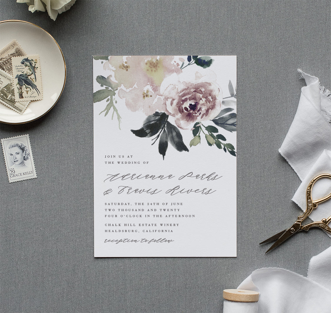 Dark Moody Floral Watercolor Wedding Invitation