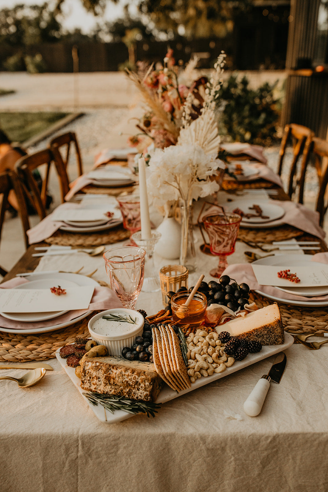 Boho Pampas Grass Wedding Charcuterie Reception Centerpiece Table Flower Inspiration 