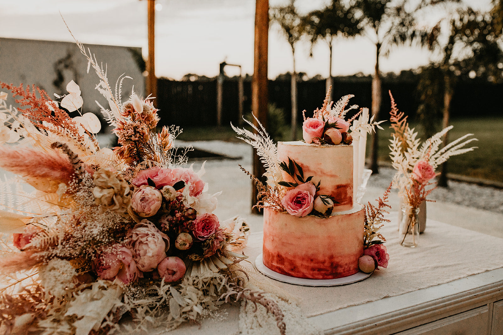 Boho Pampas Grass Wedding Arch Ceremony Reception Centerpiece Table Flower Wedding Cake Inspiration 