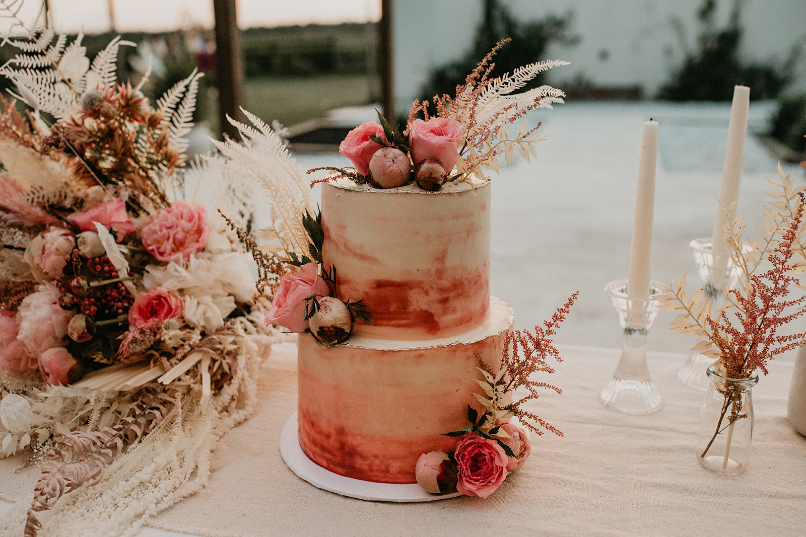 Boho Pampas Grass Wedding Arch Ceremony Reception Centerpiece Table Flower Wedding Cake Inspiration 