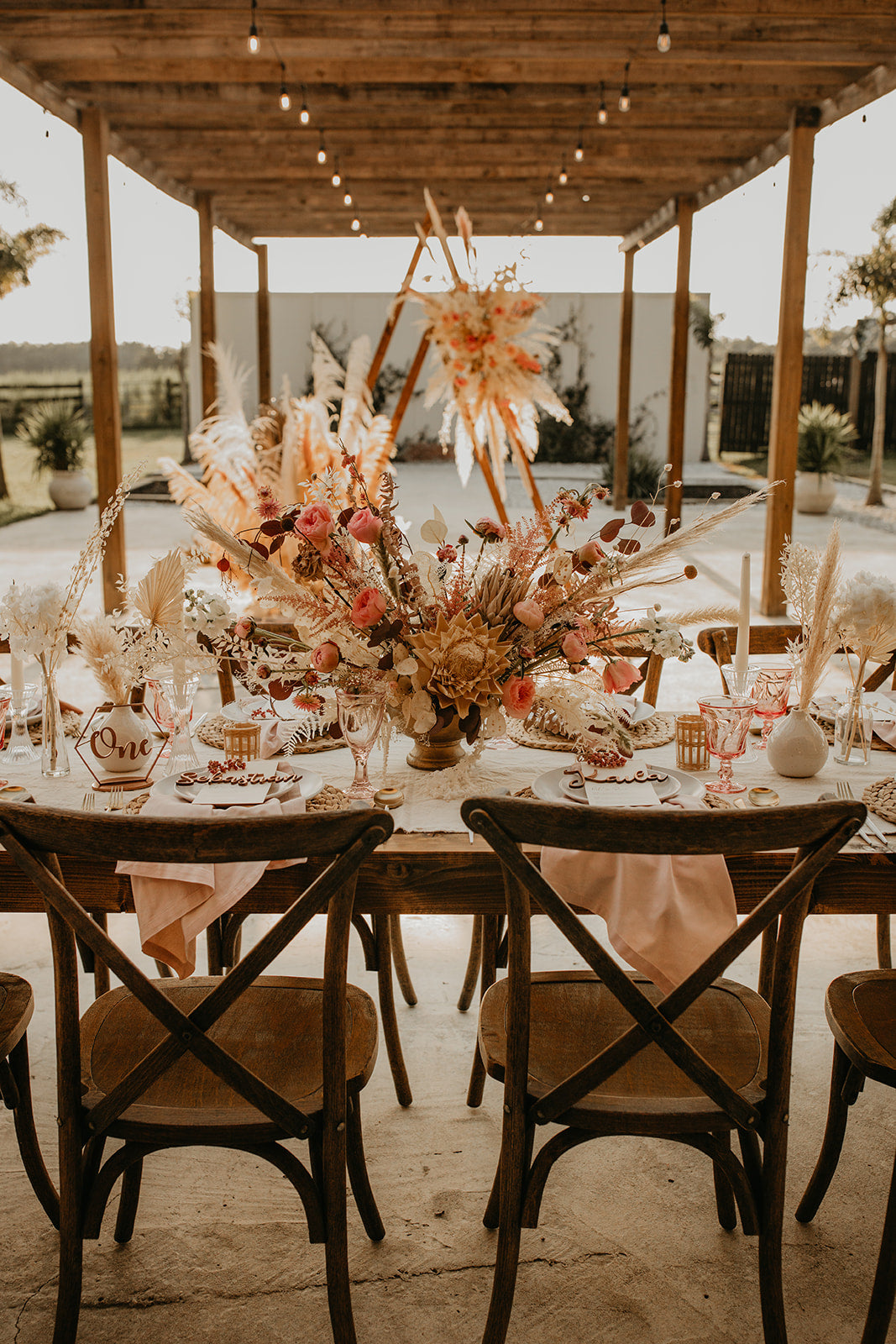 Boho Pampas Grass Wedding Reception Centerpiece Table Flower Inspiration 