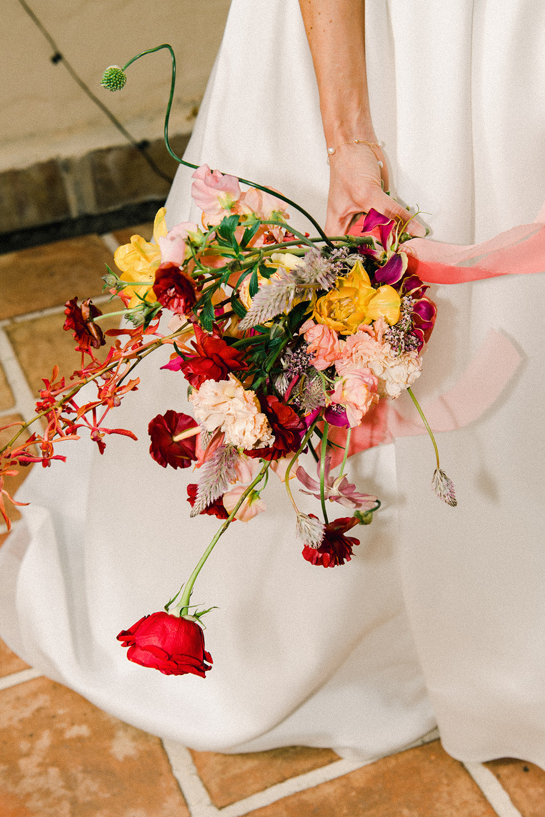 Minimal Modern Wedding Villa Woodbine Miami Red Tropical Flower Bouquet Bride