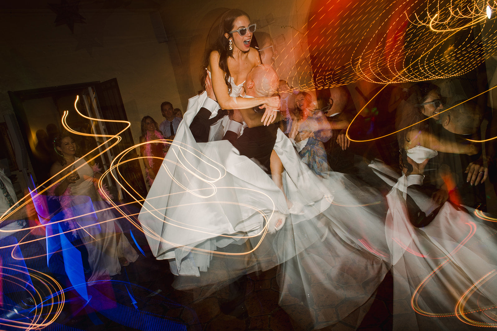 Mediterranean Wedding Venue Villa Woodbine Miami Tropical Garden Wedding Reception Dancing Sunglasses Disco Ball Storytelling Photography throwing money