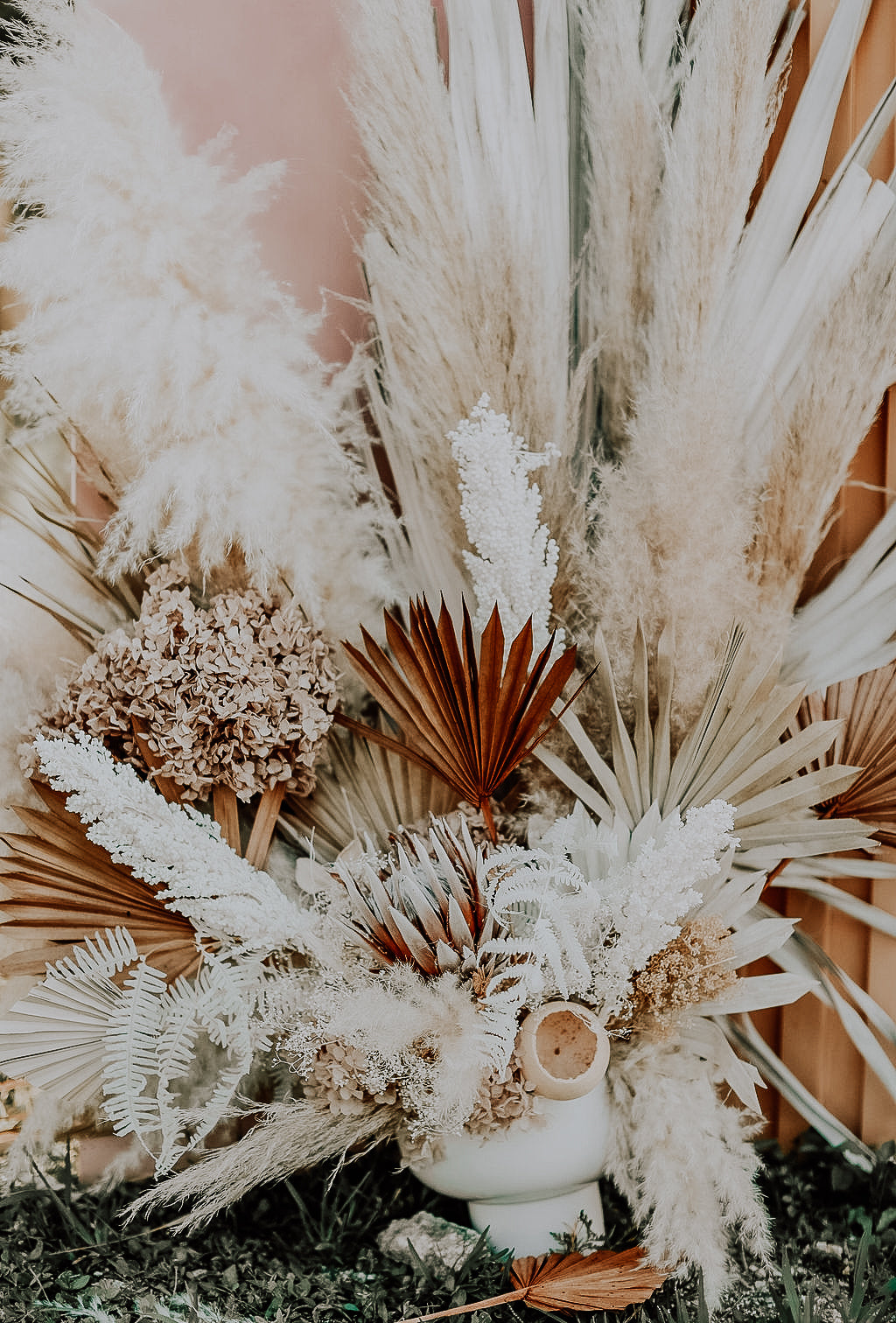 Boho Wedding with Orchids and Dried Palm Leaves Arch Back Drop White Rock Canyon Destination Florida