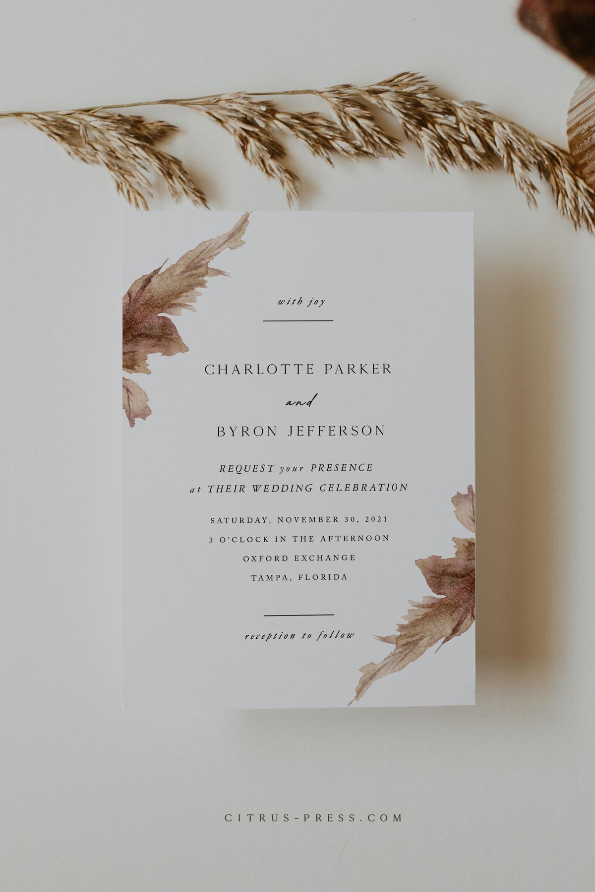Pampas Grass Wedding Invitation | Printable Template – Citrus Press