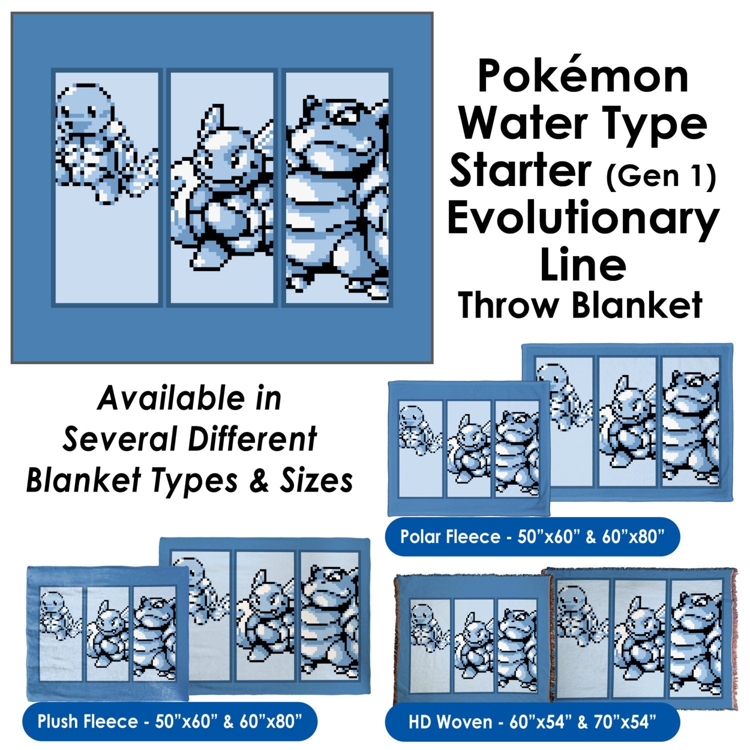 Pokemon Water Type Starter (Gen 1) Evolutionary Line - Throw Blanket / Tapestry Wall Hanging