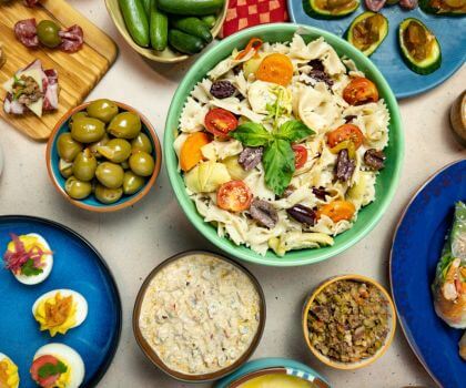 Summer Pasta Salad and Olives on Table