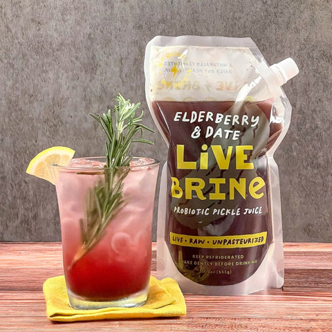 elderberry rosemary smash drink with pickle juice