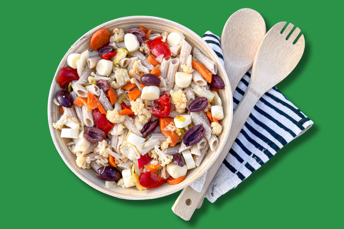 Colorful Gluten-Free Italian Pasta Salad with fresh ingredients and zesty fermented vegetables.