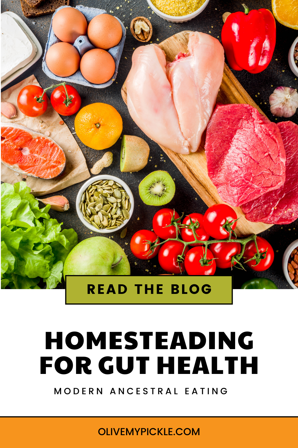 AN image of raw, whole healthy foods including chicken, beef, eggs, lettuce, tomatoes, bell peppers, garlic, fruits, and seeds.