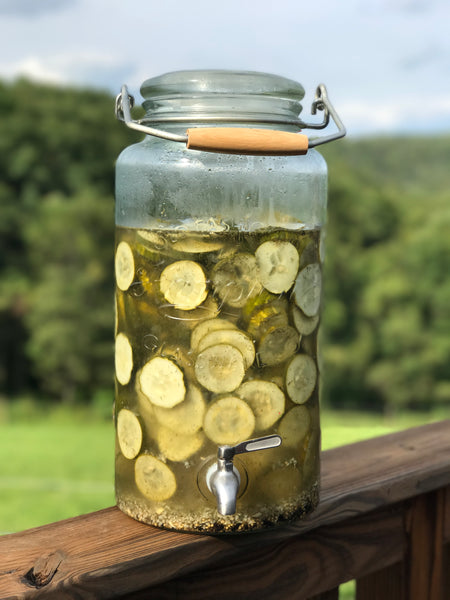 Large mason jar with pickles and brine with a spout_pickle juice