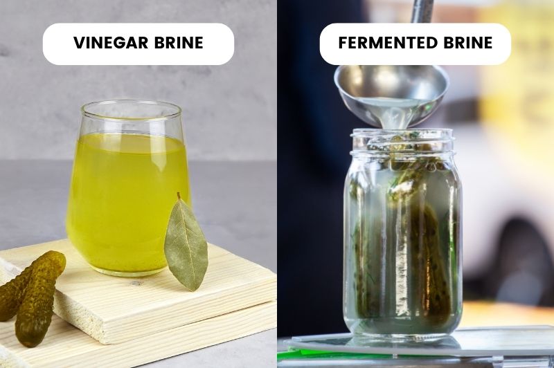 Cloudy brine of fermented pickles compared to vinegar brine