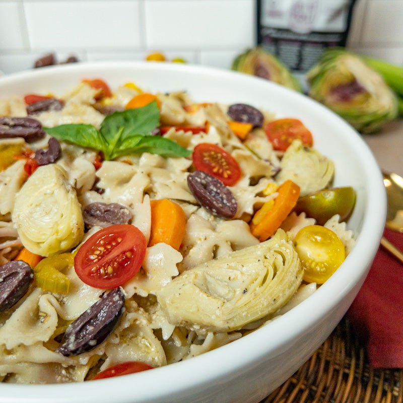 Gluten free pasta salad with kalamata olives and artichokes