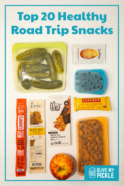 Top 20 Healthy Road Trip Snacks - fermented pickles, blueberries, almond butter and apple, beef jerky, Larabar, dark chocolate and almonds