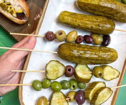 Pickles and olives on skewers
