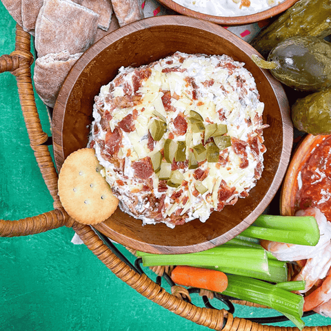 keto dill pickle cheese ball with bacon and cheddar cheese