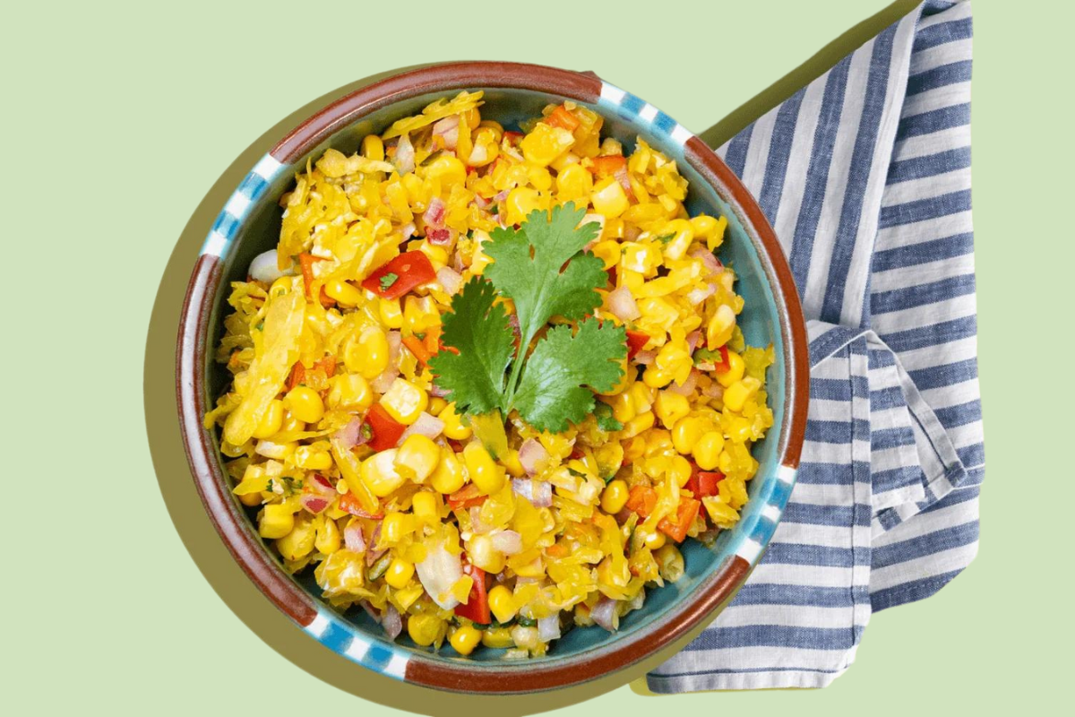 Refreshing Sauerkraut & Corn Salsa served with chips, a flavorful summer side dish.