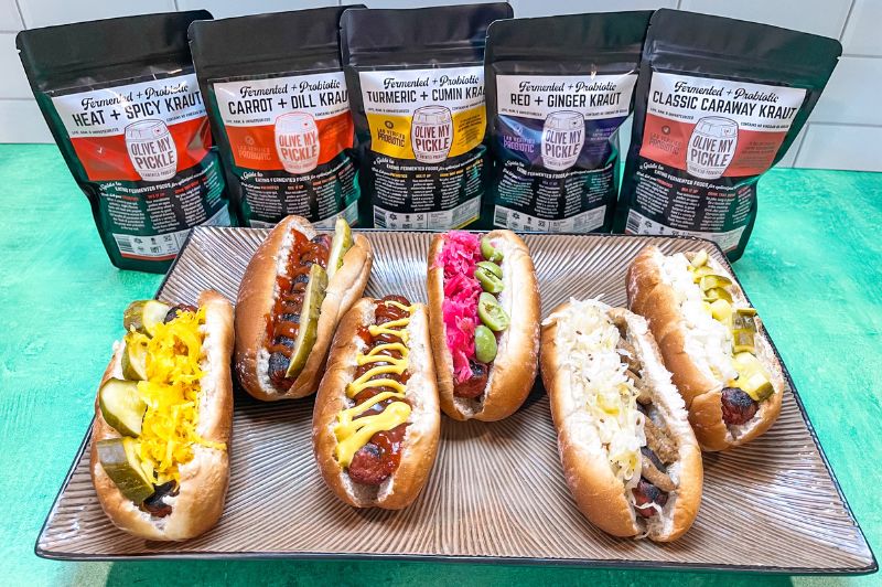 hot dogs with olives, sauerkraut and pickles