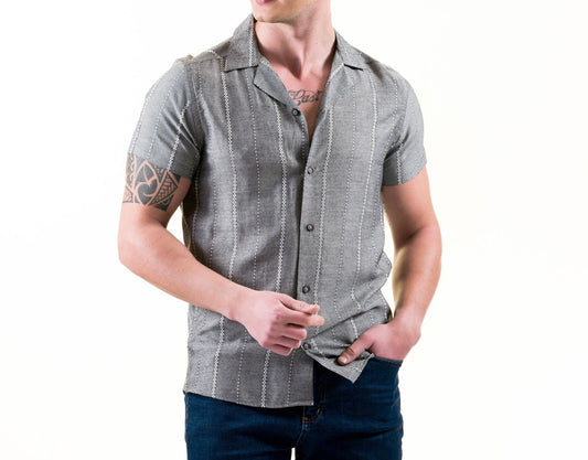 Gravity Linen Cotton Short Sleeve Gray Striped Button Up