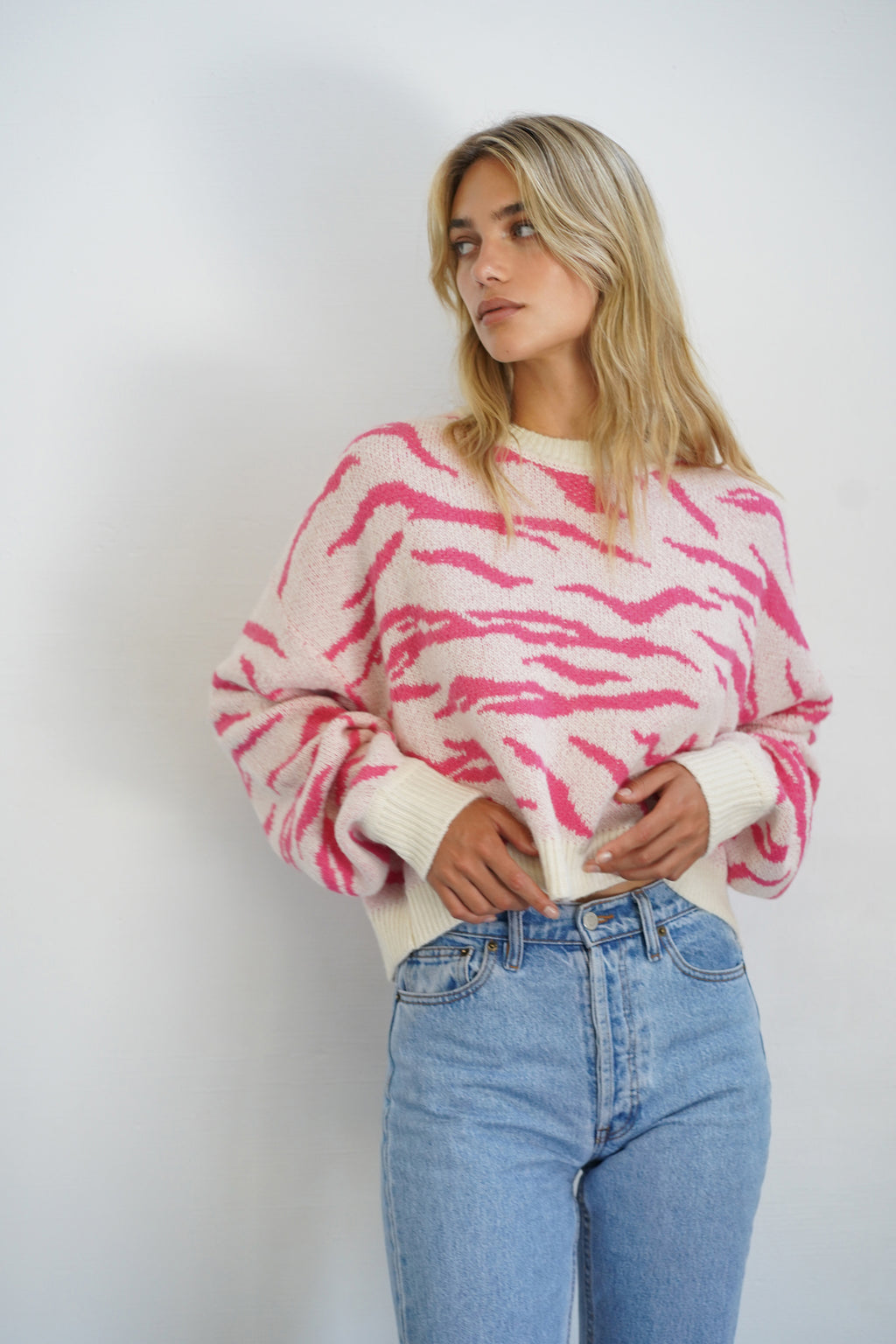 LNA Animal Jacquard Sweater in Ivory Pink Animal – LNA Clothing