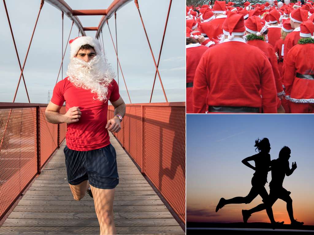 Crowd of people dressed as Santa about to embark on a Santa run. One man wearing a beard, hat, and red shirt running towards the camera. 