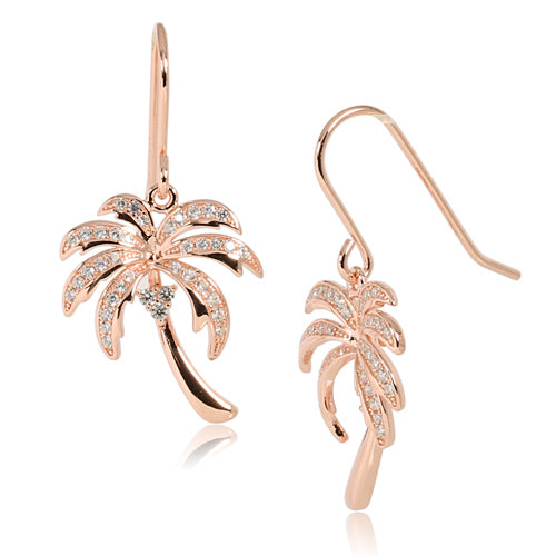 Sterling Silver Pave CZ Palm Tree Hook Earring Pink Gold Plated