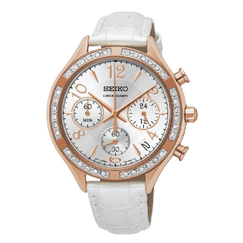 Seiko Ladies Chronograph White leather Strap Watch SSB888P1 | Watchspree