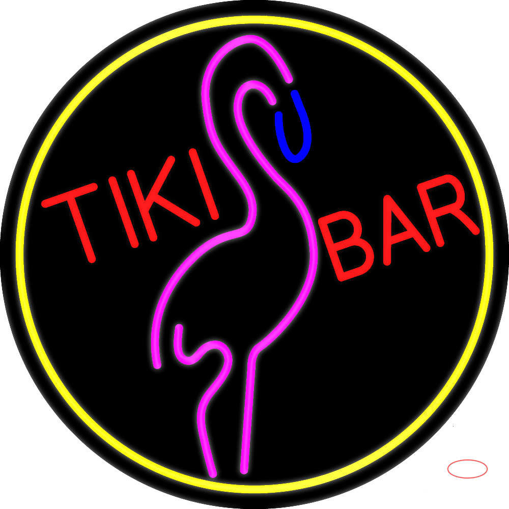Tiki Bar Flamingo ovale avec panneau néon de frontière jaune