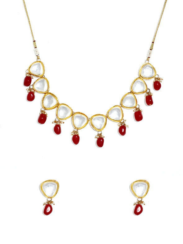 Traditional Gold Plated Red Beads Polki Kundan Necklace Set