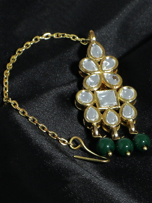 Traditional Gold Plated White Kundan Maangtikka with Green Beads for Women