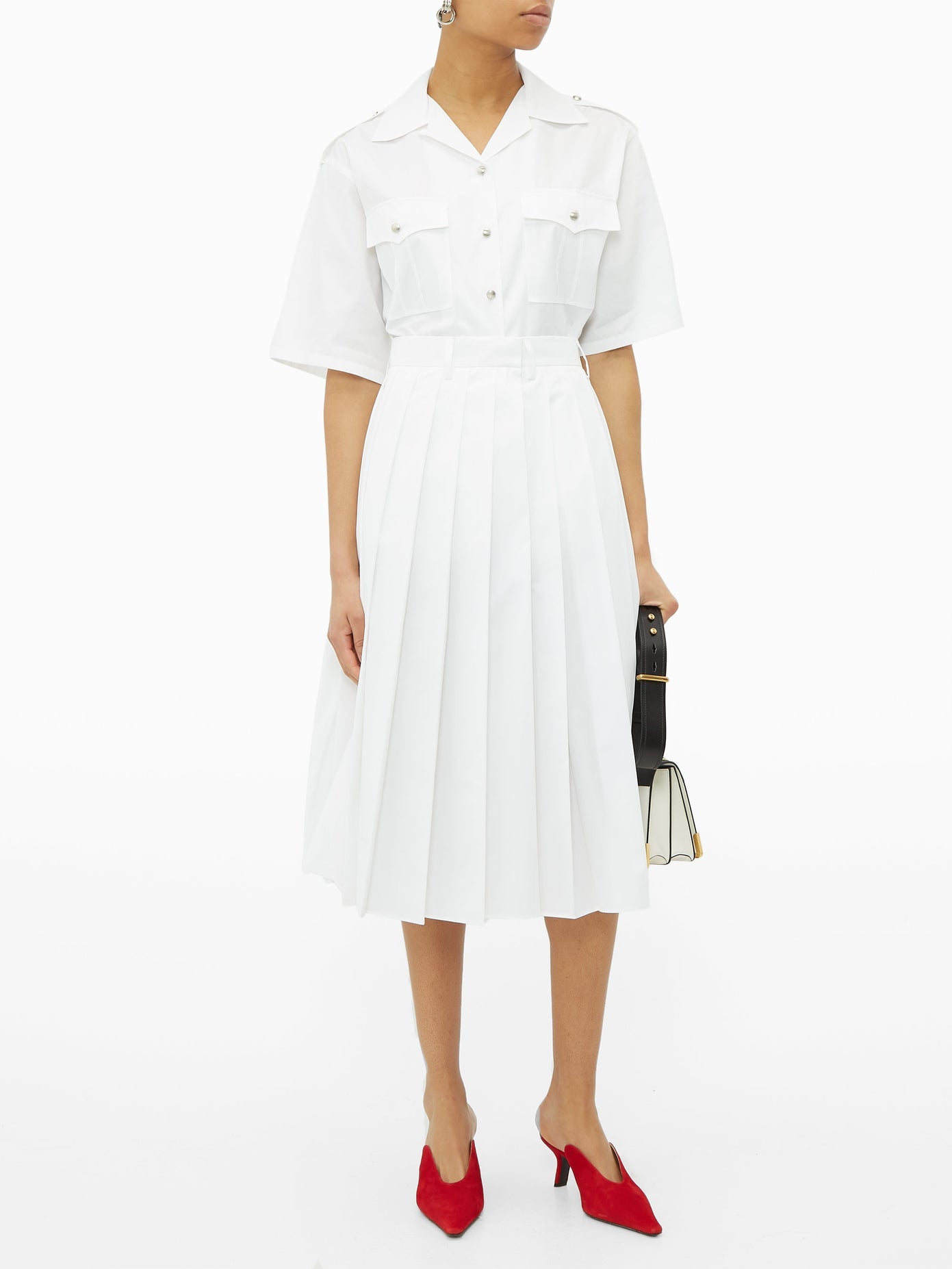 PRADA Pleated high-rise cotton-poplin midi skirt