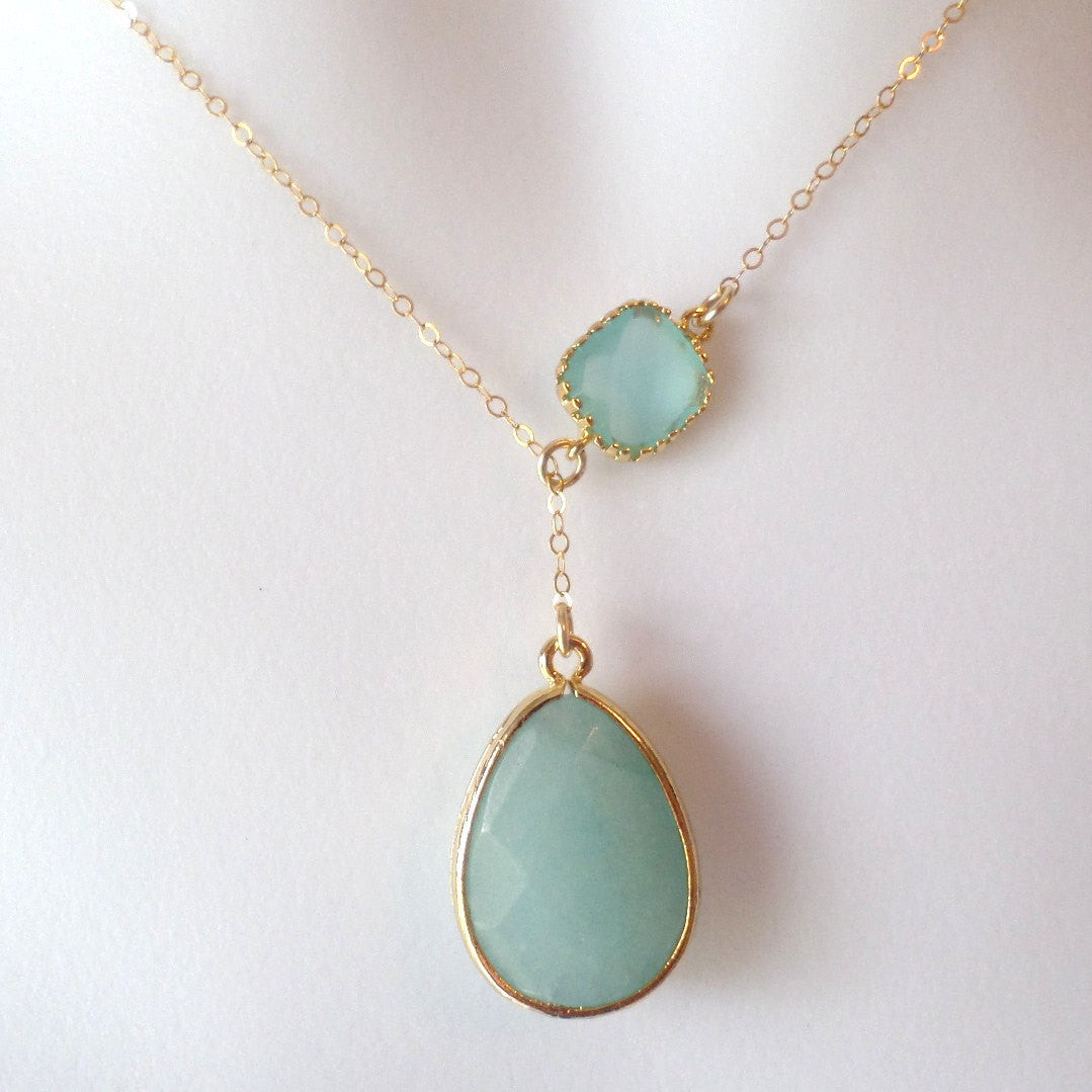 Mint Green and Gold Glass Stone Framed Lariat Necklace - Zoologie