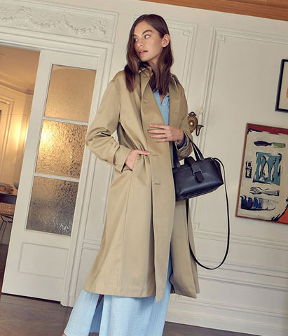 model wearing trenchcoat and purse